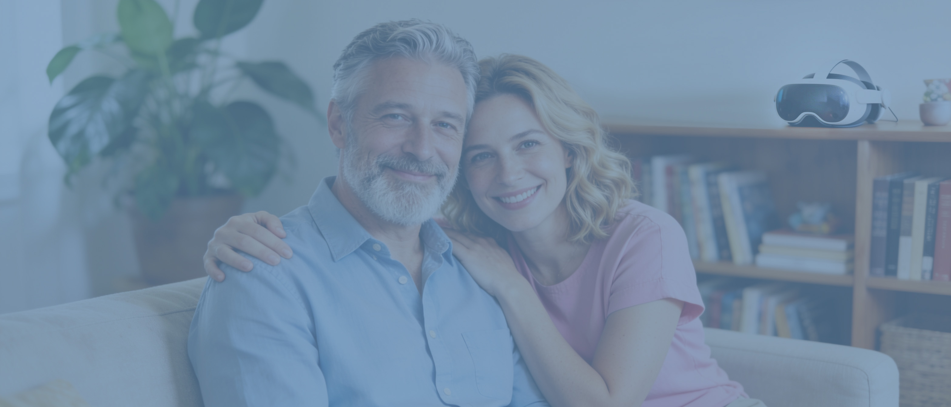 A smiling older couple on a sofa at home, with a VR headset on the bookshelf behind them