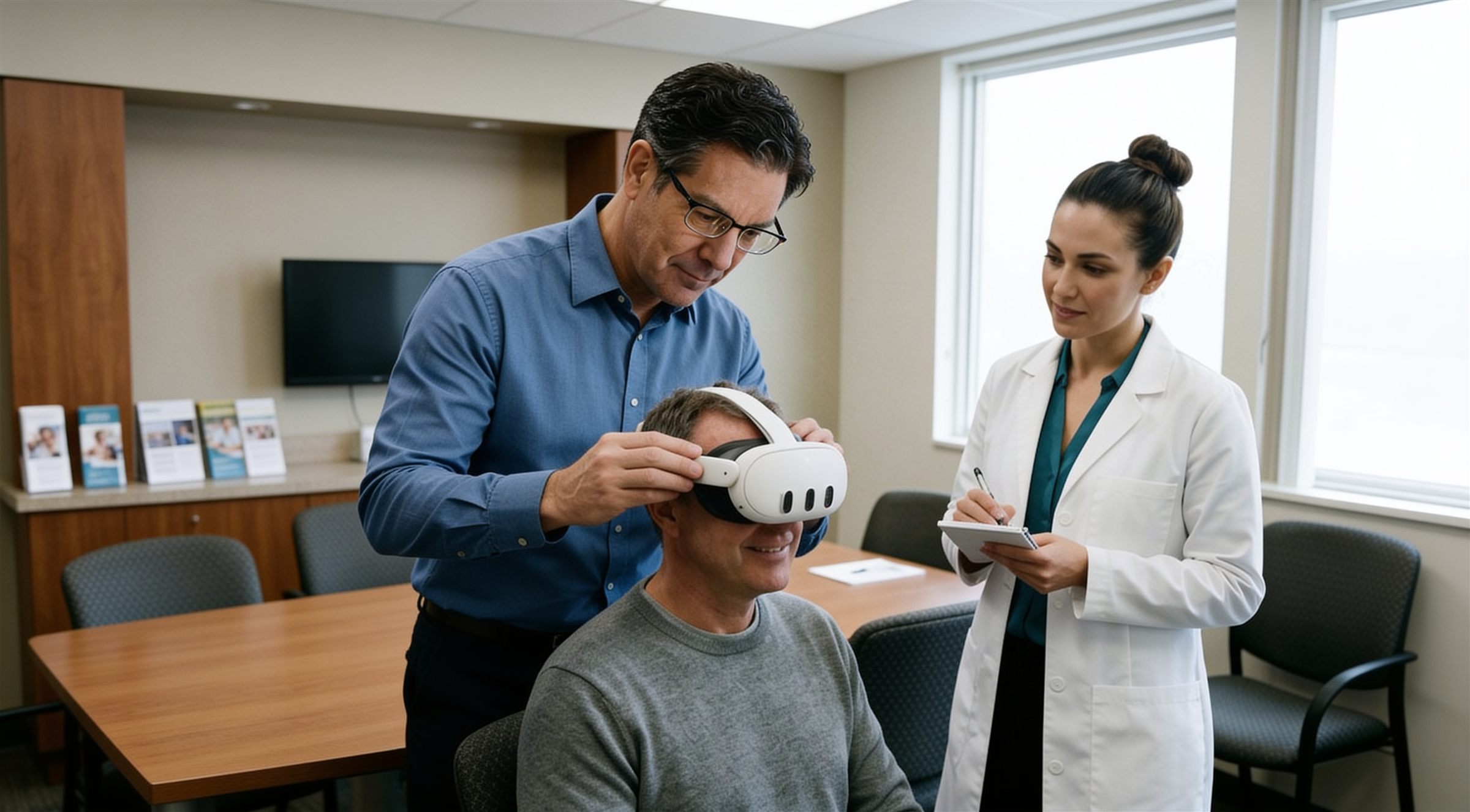 A researcher fits a VR headset on a seated older adult while a clinician takes notes